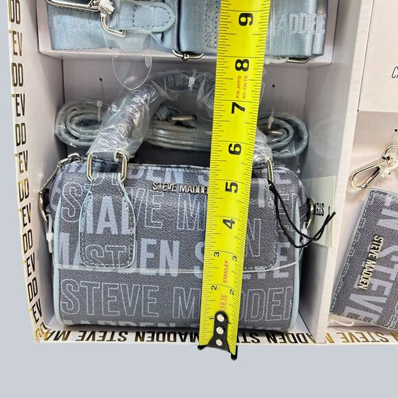 Steve Madden Gift Set -Blue Boxy Embossed Crossbody Bag W/ Web Strap & Card Case - Picture 7 of 9